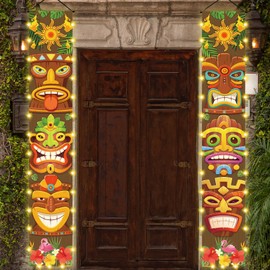 Hawaiian Luau Party Decorations, Tiki Party Decorations, Lighted Tiki Banner Door Porch Sign for Aloha Moana Hawaii Luau Party Tropical Birthday Tiki Party Supplies Door Wall Hanging Supplies