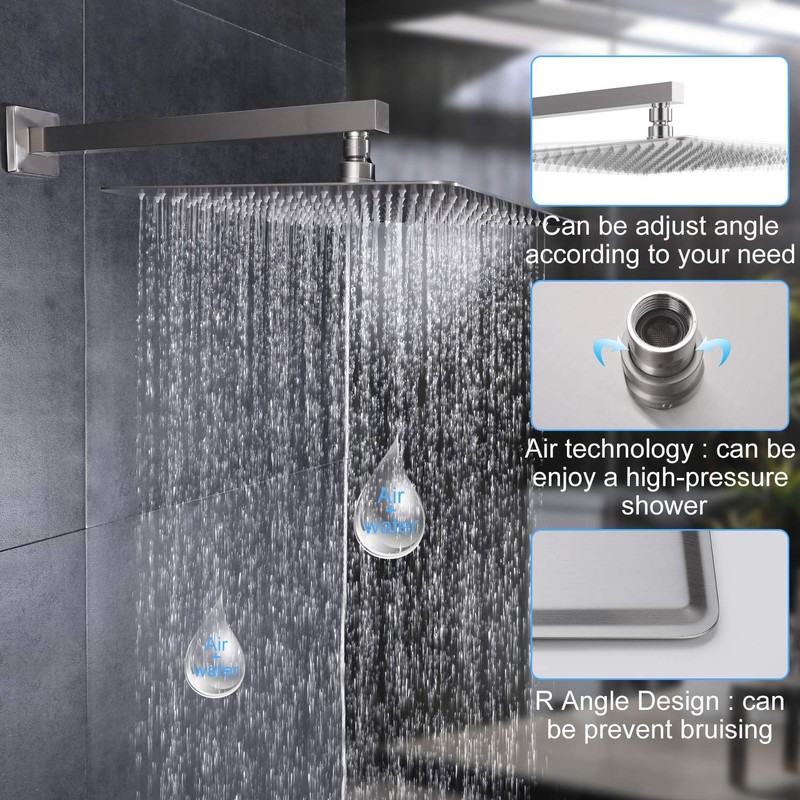 GGStudy Square16 Inch Square Stainless Steel Shower Head Rainfall Large