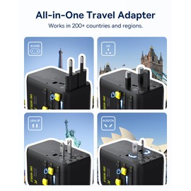 Baseus 70W Universal Travel Adapter with Retractable Cable, 6-in-1 GaN International Plug Adapter, USB-C Fast Charging Worldwide Wall Charger for USA/EU/UK/AUS and Over 200 Countries - Enercore CG11