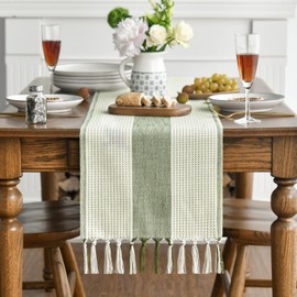NICKLIN Table Runner with Handmade Tassels,33x183cm Table Runners for Dining Table,Boho Style Sage Green Weave Stripes Polyester Fabric Rustic Cotton Linen Table Runner for Weddings,Hotels Decoration