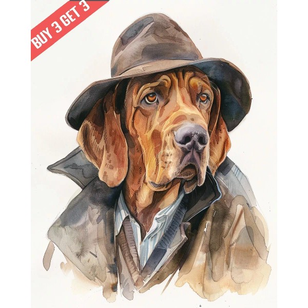 Bloodhound in a Detective Hat and Cloak Watercolor Painting Print