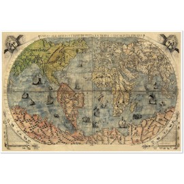 Italian Old World Exploration Angel and Cherub Map by Paolo Forlani c. 1565 | Universale Descrittione Di Tutta la Terra Conosciuta Fin Qui | Historical Cartographic Vintage Wall Decor (16 x 24 inches)