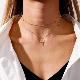 YienDoo Boho Layered Cross Necklace Choker Vintage Gold Cross Pendant Necklace Bead Satellite Choker Multilayer Statement Cross Necklace Jewelry for Women and Girls