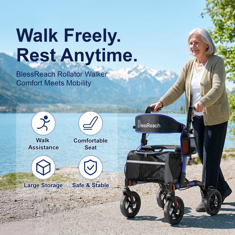 BlessReach Rollator Walkers for Seniors with Seat, Lightweight Walker, Blue