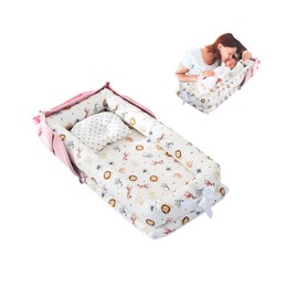 Loevin Baby Lounger with Pillow,Baby Lounger for Newborn Portable,Baby Nest Cosleeping for Baby in Bed Adjustable Size & Strong Zipper Lengthen Space to 24 Months(Animal World Pink)