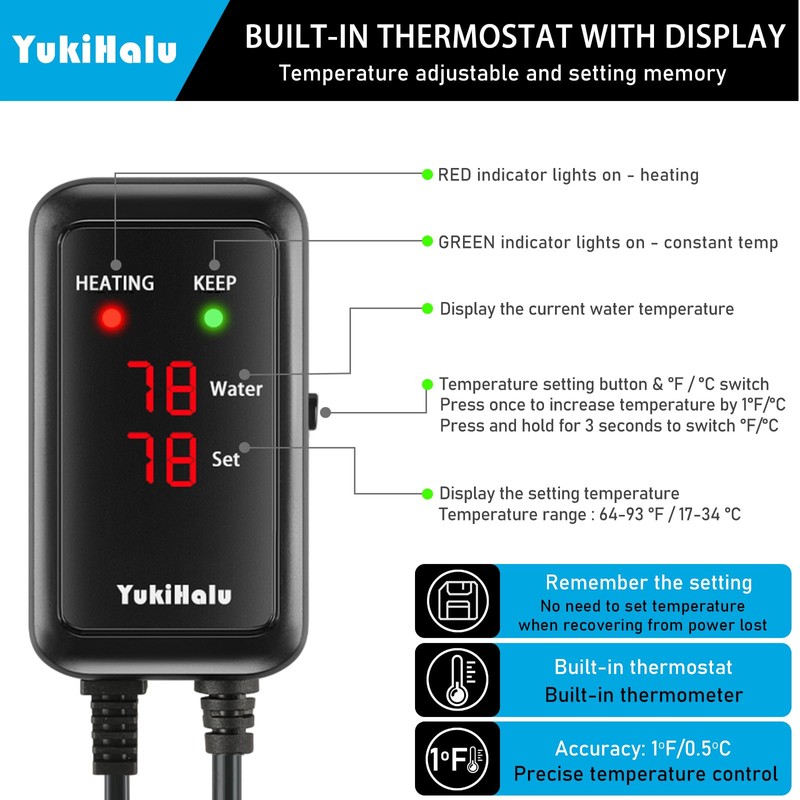 YukiHalu Aquarium Heater 50/100/200/300/500W with Protective Case, Fish Tank Heater,