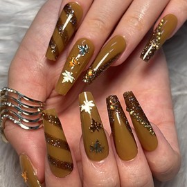 Thanksgiving Press on Square Nails Medium Length Glossy Full Cover Acrylic False Nails with Maple Leaf Designs Artificial Square Shaped Fake Nails with Charms Glue ons Fingernails for Women(JP2844)