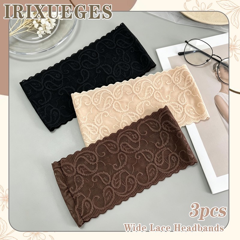 3 PCS Wide Boho Lace Headbands Stretchy Vintage Floral Hair