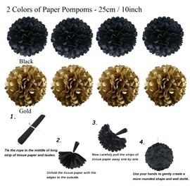 ZERODECO Graduation Decorations, Black and Gold Congrats Grad Banner Paper Pompoms Hanging Swirls Graduation Confetti Paper Garland Party Balloons for Grad Party Decoration Supplies