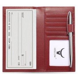 HISCOW Soft Leather Checkbook Cover & Card Holder with Divider - Italian Calfskin (Wine Red)