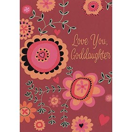 Designer Greetings Orange, Pink and Black Flowers with Green and Black Vines on Dark Red Valentine's Day Card for Goddaughter