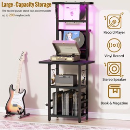 YAKANJ Record Player Stand with Led Light,Record Player Table with Vinyl Storage,Turntable Stand with Record Holder Vinyls Display Shelf for Music Room Studio,Black
