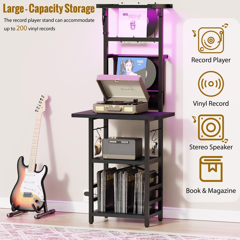 YAKANJ Record Player Stand with Led Light,Record Player Table with