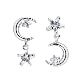 Wendalern Moon Star Asymmetrical Earrings Zirconia Star Moon Dangle Drop Earrings Mismatch Pentagram Moon Tassel Statement Earrings Jewellery for Women and Girls, Zinc, No Gemstone