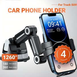 Suction Cup Car Phone Mount Dash Mounted Holders Windshield Phone Mount with 360° Rotation Stable Phone Holders for Your Car with Military-Grade Suction Hands-Free Car Mount for Truck Drivers, Black