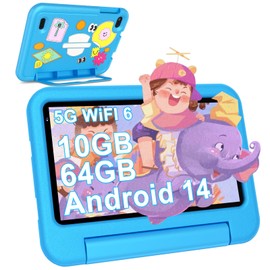 2025 Latest Android 14 Children's Tablet 7 Inches, 10GB (4+6) RAM + 64GB ROM/TF 1TB, WLAN 6, 5G + 2.4G WiFi, 8-Core 1.8 GHz, 1024 x 600, 3500 mAh, Type-C, Bluetooth 5.0, Kids Tablet with EVA Case -
