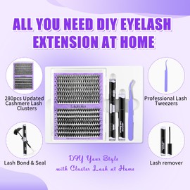 DIY Eyelash Extensions Set, 280 Pieces, Individual Cluster Lashes, Natural Cluster Eyelashes, with Eyelash Glue and Seal, Artificial Eyelashes (30D + 40D, D-9-16 mm)