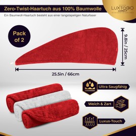 LUXTOGO Hair Turban - 100% Cotton - Premium Quality Hair Towel with Button and Elastic - Quick-Drying Head Towel Turban - Super Absorbent Hair Towel Turban without Microfibre (White + Red, Pack of 2)