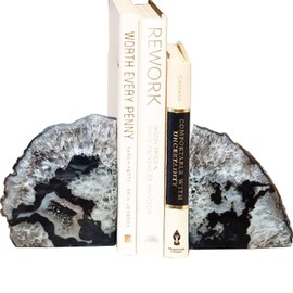 AMOYSTONE Agate Bookends Black Geode Book Ends Heavy Duty Bookend Holder Decorative with Rubber Bumpers Small(1 Pair, 2-3 LBS)