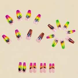 ONPRESS 24 Uñas Postizas De Verano, Medianas, Cuadradas, Forma De Ataúd, Diseño De Cocotero, Cobertura Completa, Punta Francesa Con Degradado De Color