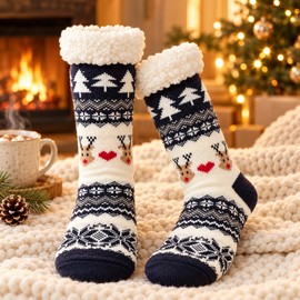 Women's Fuzzy Slipper Socks – Thick Plush Winter Socks with Navy Blue Deer Pattern for Indoor Comfort and Christmas Gifting
