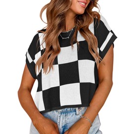 XINGCOOL Womens Summer Cap Sleeve Tops Checkered Casual Crew Neck Loose Fit Outfits Knit Lightweight Sweater Pullover Top