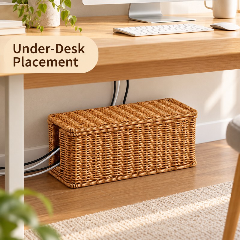 Under-Desk Cable Storage Box for Cord Organization – Hand-Woven Hanging