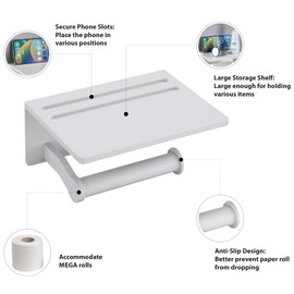Homely Trove Toilet Paper Holder with Phone Shelf - Tissue Roll Holder Bathroom Storage Dispenser - Adhesive Toilet Paper Holder Wall Mount Bathroom Décor - Matte White