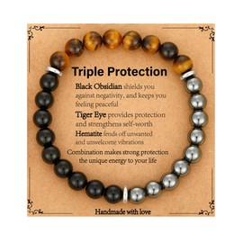 Gnamy Triple Protection Beaded Bracelet for Men, Mens Tiger Eye Black Obsidian Hematite Combine Stone Bracelets Birthday Christmas Jewelry Gifts for Son Brother Husband Dad Boyfriend