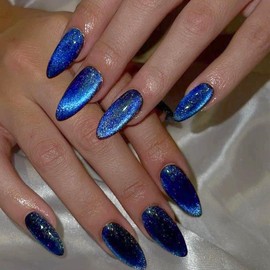 IQXGE Medium Almond Press on Nails Full Cover False Fake Nails Press ons Cat Eye Stick on Nail Royal Blue Glitter Acrylic Fake Nail with Galaxy Shiny Artificial 24Pcs Reusable for Women