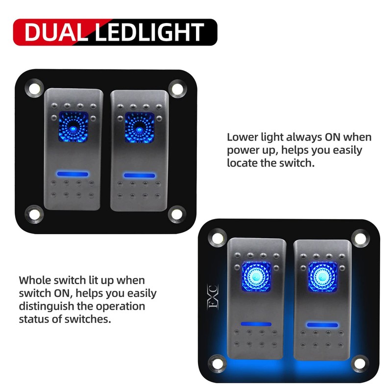FXC Rocker Switch Aluminum Panel 2 Gang Toggle Switches Dash