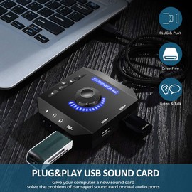 External Sound Card, PHOINIKAS T10 USB Audio Adapter for PC Windows, Mac, Linux, Laptops, Desktops, Stereo Sound Card with 3.5 mm Interface & USB Interface, Plug & Play (6-in-1, Black)