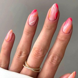 Rose Red French Tip Press on Nails Almond Medium Fake Nails Press ons Lines Glue on Nails Light Pink Full Cover False Nails Glossy Artificial Acrylic Nails for Girls 24Pcs