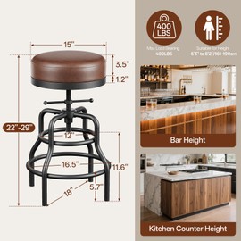 Raynesys Adjustable Height Swivel Bar Stool, 22-29 Inch Industrial Vintage Bar Counter Height Stool with Thicken Premium Bonded Leather Seat & Updated Footrest, Easy Assembly, Brown