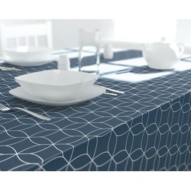 Dehaus® Wipe Clean Table Cloth - Navy Geo Flow - Wipeable PVC Oilcloth Table Cover - Rectangular Plastic Vinyl Tablecloth - Water Resistant Easy Clean - Kitchen Dining Protector (140 x 200cm)