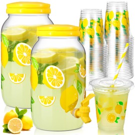 Honeydak 2 Pack 1 Gallon Lemon Plastic Drink Dispenser with 100 Pcs 16 oz Lemon Disposable Plastic Cups with Lids and Straws Beverage Water Dispenser with Spigot for Party Juice Ice Tea Beer