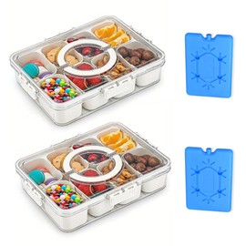 ÜberBin 2 Pack Snackle box container With Ice Pack,Divided Serving Tray with Lid and Handle, Clear Snack Organizer for Fruits, Snacks, Candy, Nuts - Ideal for Party & Picnics (Pack of 2)