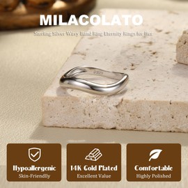 MILACOLATO 14K Gold Plated Wavy Stackable Ring for Women, S925 Sterling Silver Ring, Twisted Wave Band, Silver/Gold Eternity Rings for Womens S7