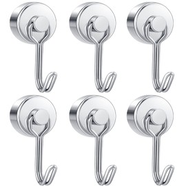 Set of 6: Magnetic Hooks, Magnetic, Stainless Steel, Rust Resistant, Vertical Load Capacity: 33.1 lbs (15 kg), For Kitchen, Office, Refrigerator, Entrance Keys, For Bathrooms, Wall Mounts, (6, Silver)