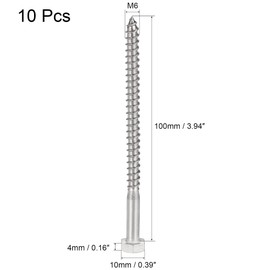TA-VIGOR 10Pcs Coach Screws, M6 x 100mm Hex Head Lag Bolts, 304 Stainless Steel Sleeper Concrete Wood Screw Hexagon Lag Half Thread Self-Tapping Bolts for Outdoor Use in Decking, Fencing