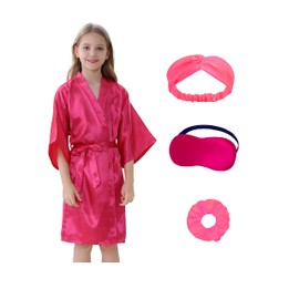 IVRRISS Kid Girls Spa Costume Party Set with Eyemask Hairband Hair Ring, Silky Plain Kimono Robes for Wedding Flower Robe (Rose, Tag 14)