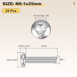 METALLIXITY Pan Head Torx Security Screws Bolts (M6-1x25mm) 24Pcs, Button Torx Head Machine Screws 304 Stainless Steel - for Furniture Woodworking Project, Silver Tone