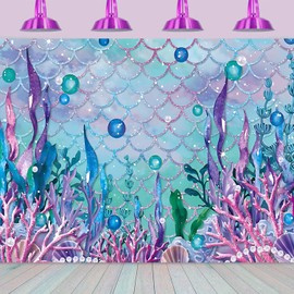 2.1 x 1.5 m Photo Background Mermaid Under the Sea Purple Coral Beads Photography Background Girl Princess Little Mermaid Birthday Party Decorations Banner Photo Studio Props