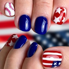 Patriotic Press On Nails for 4th of July - Red White And Blue American Flag Nails - Short Fake Nails - Independence Day Nail Art -fourth of July Nails For Girls Women - 24Pcs Full Set