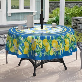 bnhjsdw Blue Lemon Outdoor Tablecloth with Umbrella Hole for Round Table, Waterproof Lemon Patio Table Cloth with Zipper - 60 x 60 inches