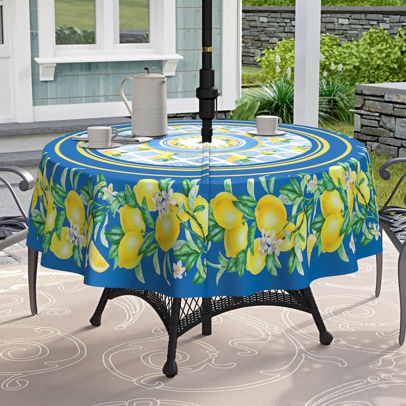 bnhjsdw Blue Lemon Outdoor Tablecloth with Umbrella Hole for Round