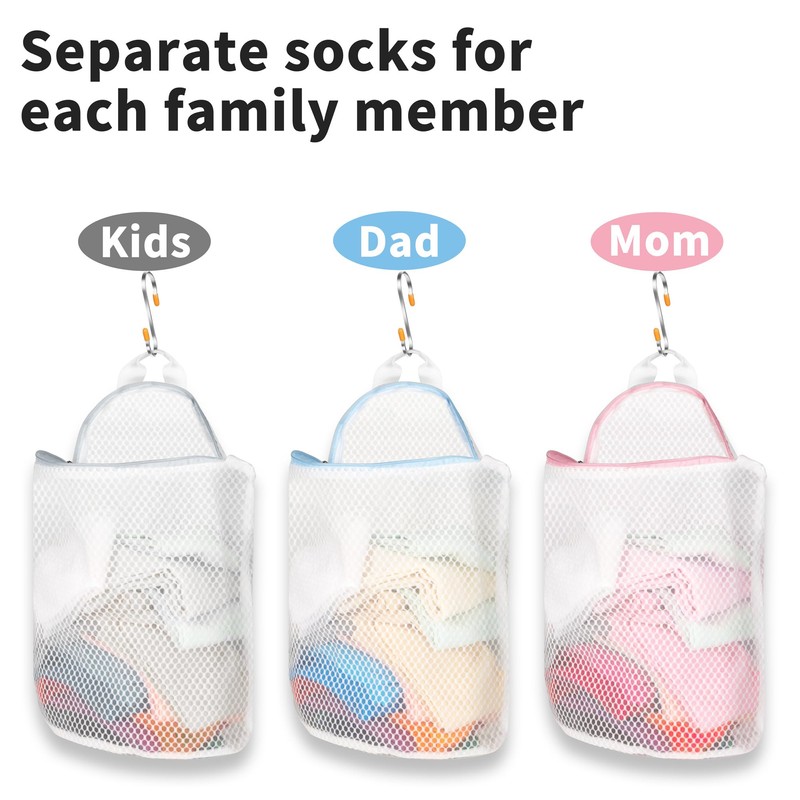 3Pcs Hanging Laundry Bags for Socks with S Hooks, 12
