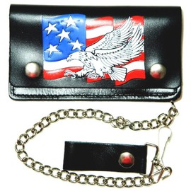 American Flag With Eagle 6'' Black Biker Chain Leather Wallet Bi Fold