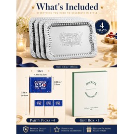 4 Pack America 250th Anniversary 1776-2026 Silver Serving Trays with 4 Patriotic Toothpick Flags, Gift Box 14.1" x 10.6" Stackable Rectangular Platters for July 4th Party, BBQ, Appetizers, Food