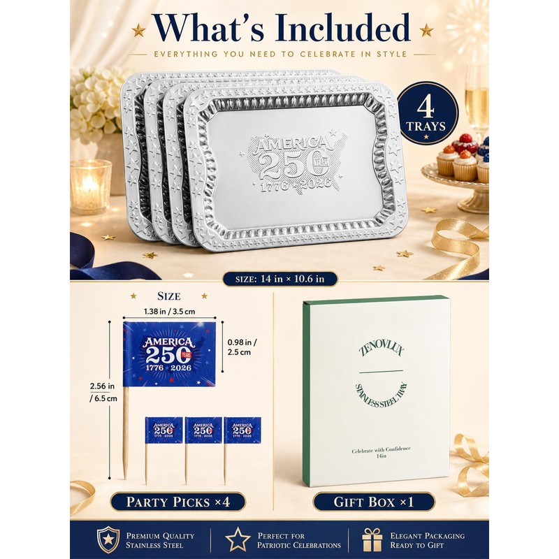4 Pack America 250th Anniversary 1776-2026 Silver Serving Trays with